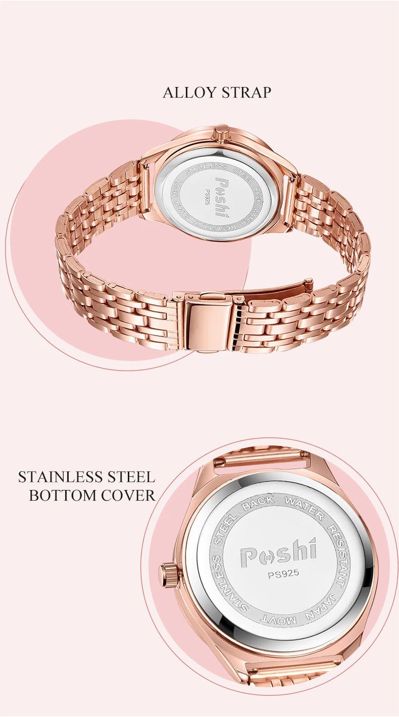 POSHI Women Watches Fashion Stainless Steel Date Ladies Wristwatch Waterproof Quarzt Watch Girlfriend Gift Relogio Feminino