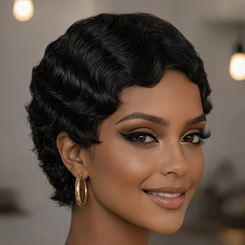 Pixie Cut Finger Wave Short Bob Wigs For Women Human Hair Ocean Wave  Machine Made