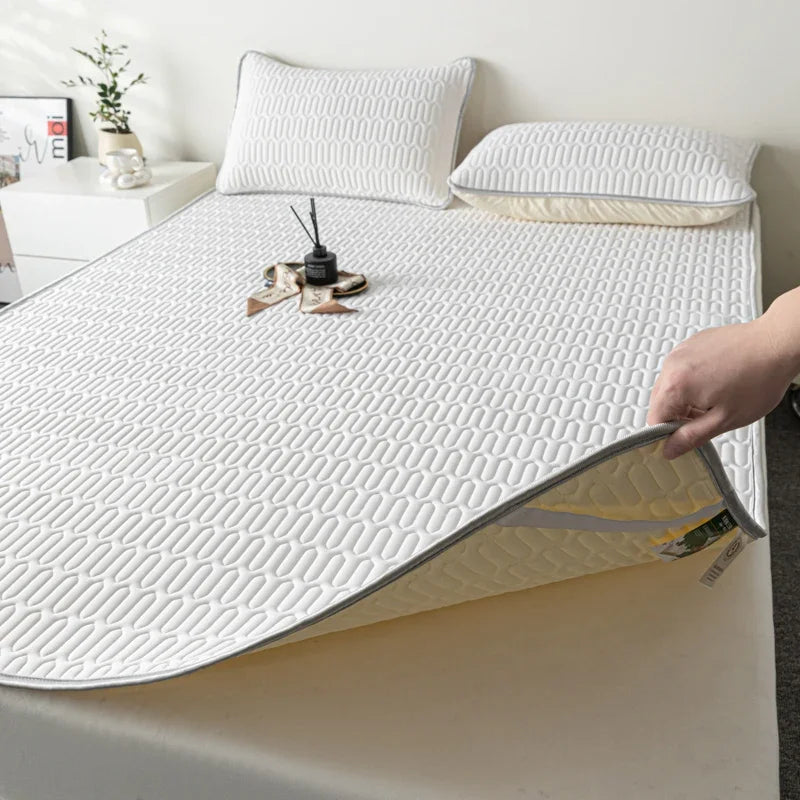 Cooling Bed Sheet Set with Pillowcases Ice Silk & Latex Quilted Breathable Cover Solid Summer Bedding Comfort & Heat Resistance