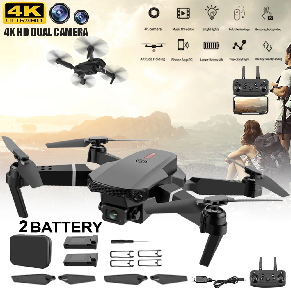 Hd 8k Drone E88 Pro Max Foldable Mini Rc Drone With Dual Camera Colorful Lights Screen Control Boys Gift 10 Min Flight Time
