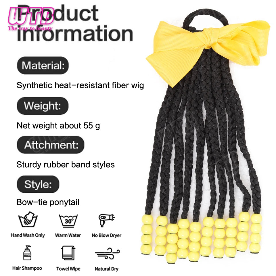 WTB Bow-adorned Braided Synthetic Wig Elastic Band Style Children's Ponytail Wig Short Ponytail Wig Suitable for Everyday Wear