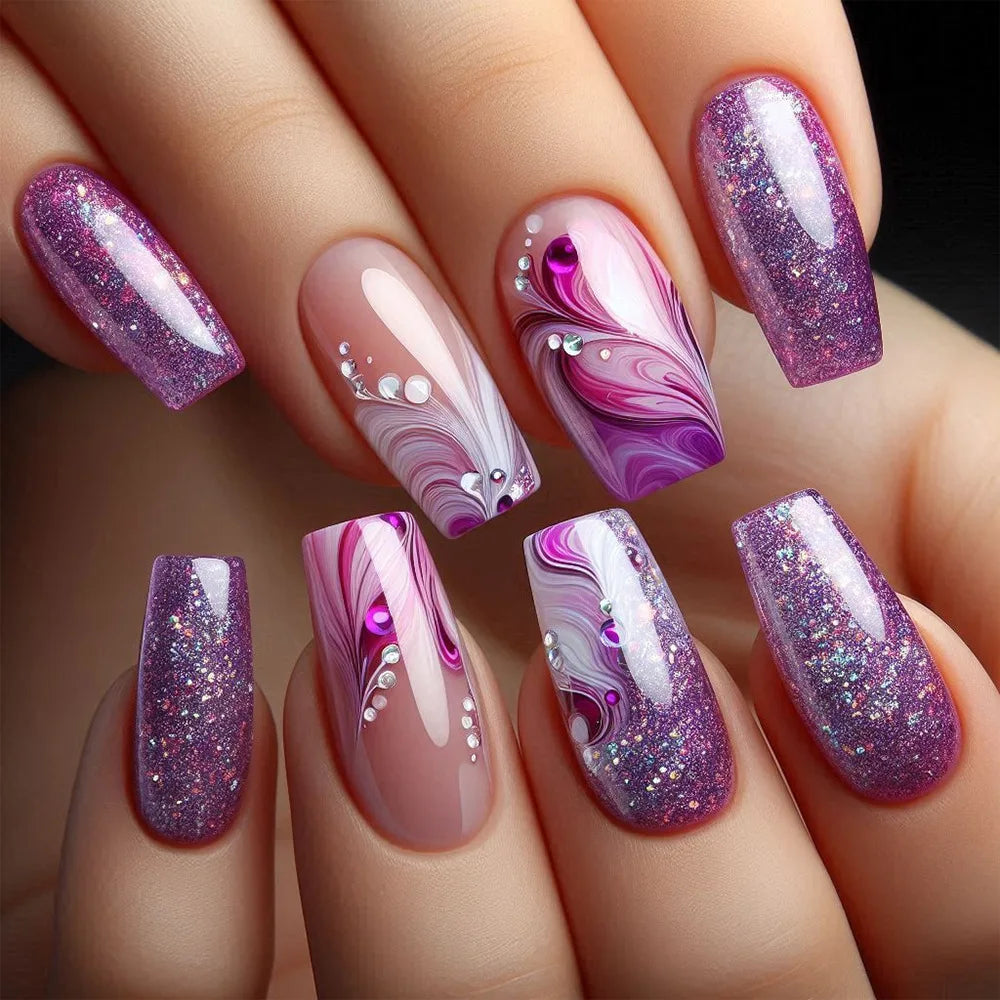 24pcs Ballet Nails Sets Press on Flower Design Mid-length False Nails Art Gradient Fake Nail Pink Square Datachable Manicure Tip