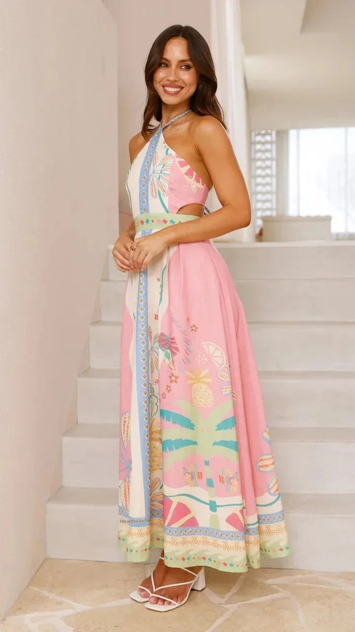 Sexy Long Neck Hanging Strap Backless Dress New Independent Station Cross-Border Sleeveless Knee-Length Polyester Fiber