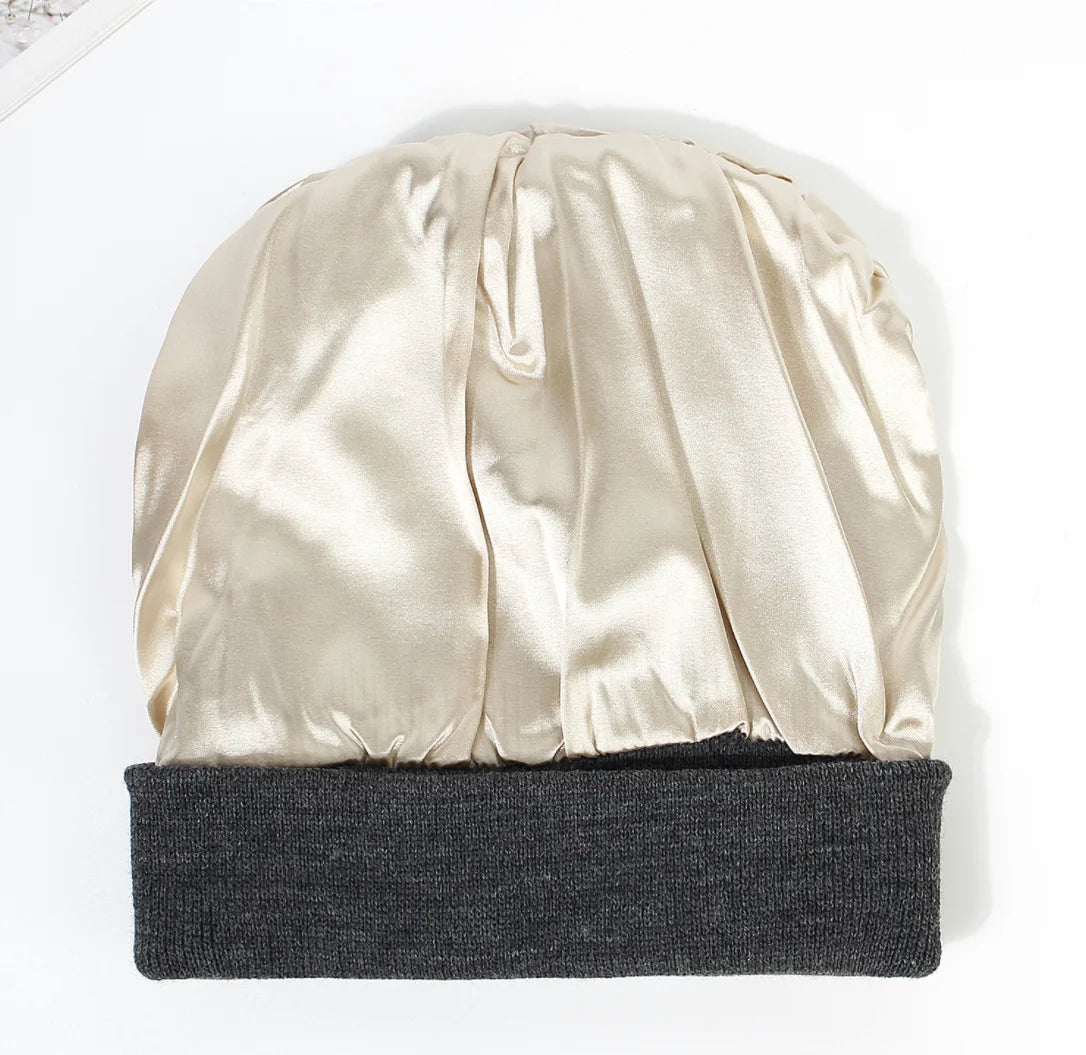 Knitted Hat For Women Silk Satin Lined Beanies Chunky Caps Warm Winter Women Men Bonnet Skullies Caps Male Female Balaclava Hats