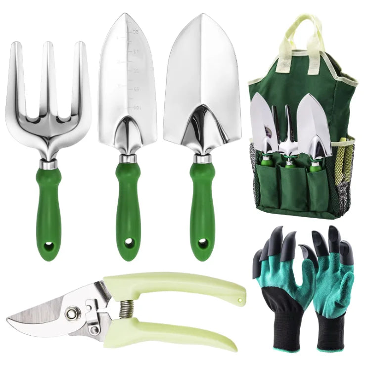 Juego de herramientas de jardinería que incluye tijeras de podar, guantes de jardinería con garras, cultivador, paleta de trasplante, pala para tierra, herramientas de plantación para exteriores