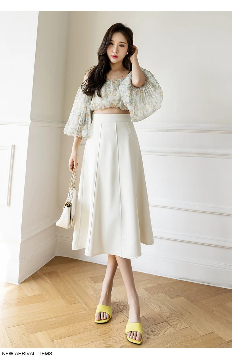 Women's Skirt Spring Women High Waist Solid Vintage Girl's Waist Down Skirt Knee-length A-line Fashion Thin Skirt for Women
