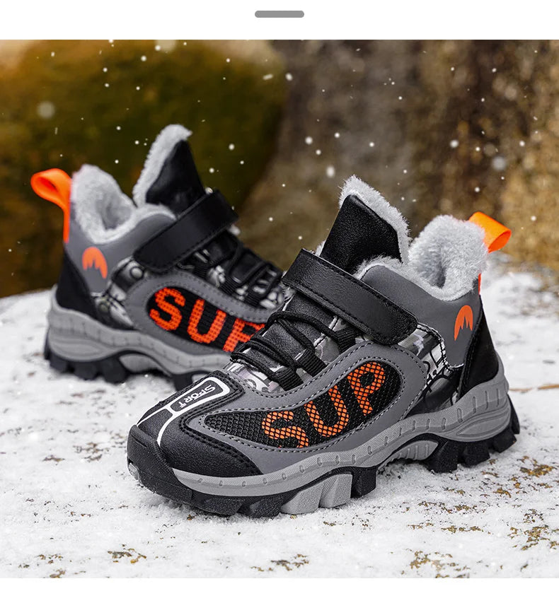 Winter Plus Velvet Hiking Shoes For Kids Non-slip Platform High Top Sports Shoes Boys Outdoor Warm Plush Children's Sneakers