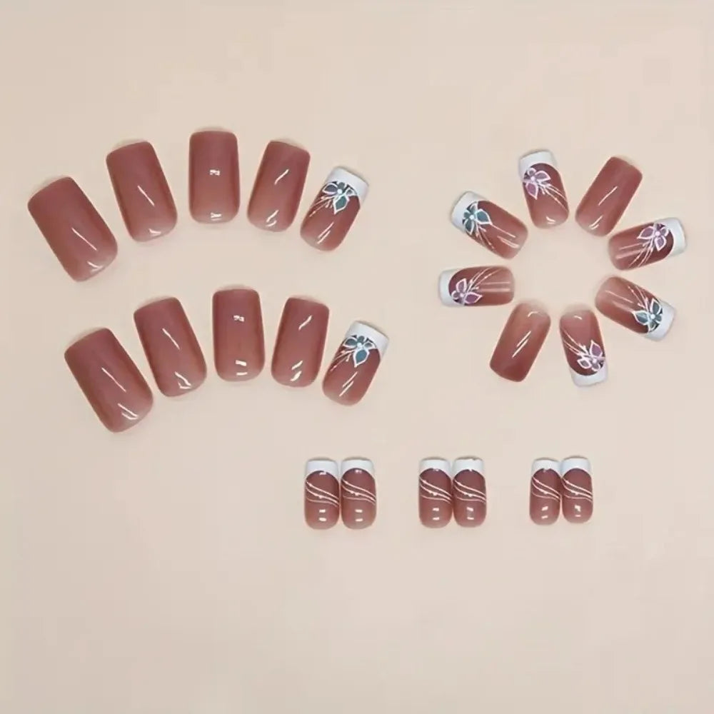 Square Head French Fake Nails Waterproof Wearable Manicure Nude Color Gradient Press on Nails Full Cover Flash Nail Tips Women
