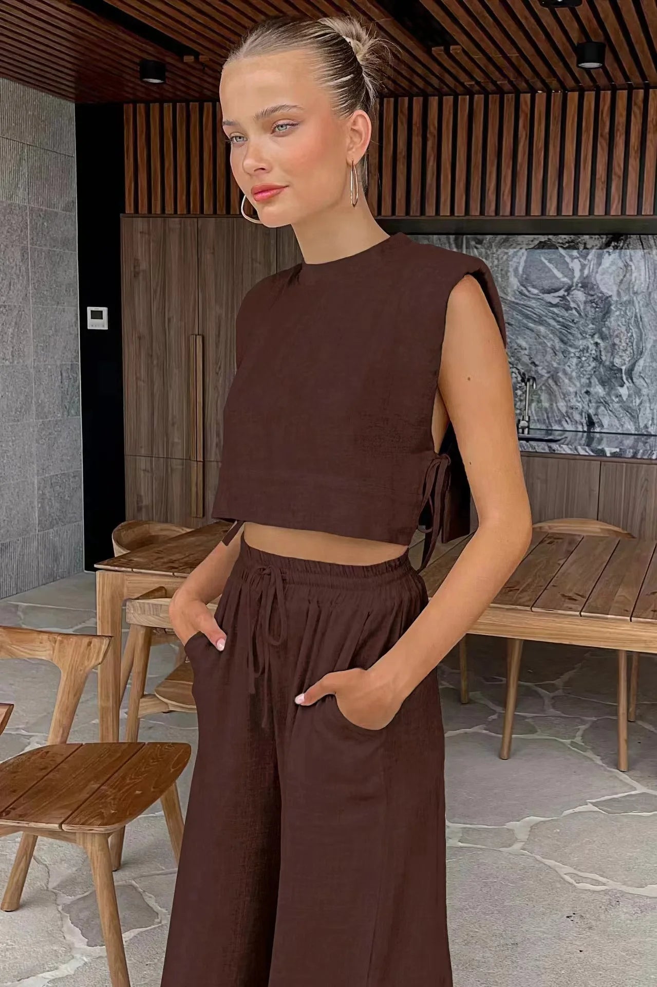 Cotton And Linen Pant Sets Women Sleeveless Leace-up Short Tops Drawstring Long Pants Two Piece Set Commuting 2025 Summer New