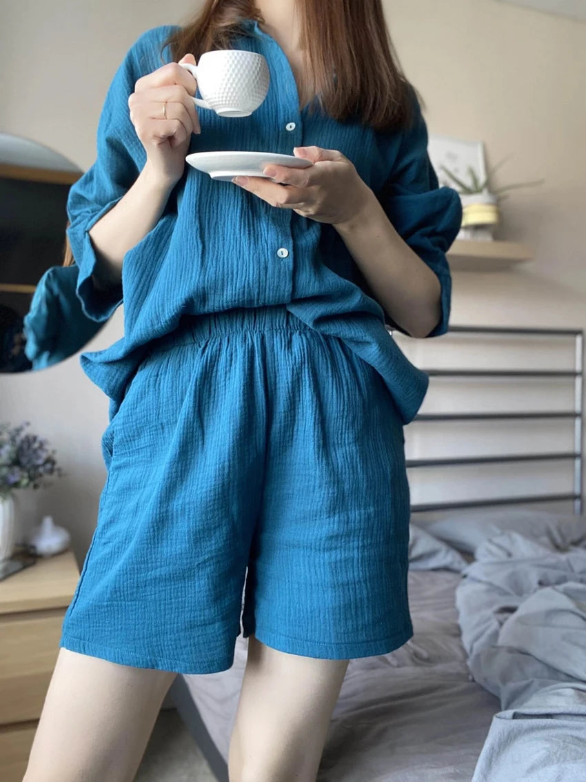 Cotton Pajamas For Women Sets Suit Casual Sleepwear Turn-Down Collar Nine Quarter Sleeve Sleep Tops Shorts Female Homewear 2023