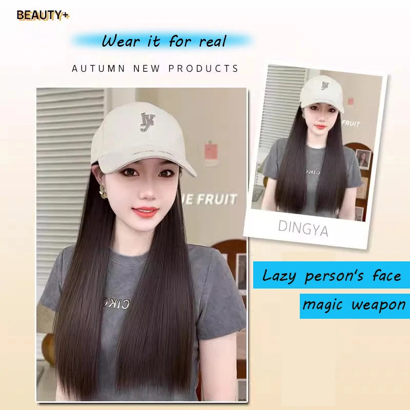Synthetic Wig Hat Integrated Female New Highlight Fashion Hat Wig Fashion Baseball Cap Long Straight Hair Daily Wear