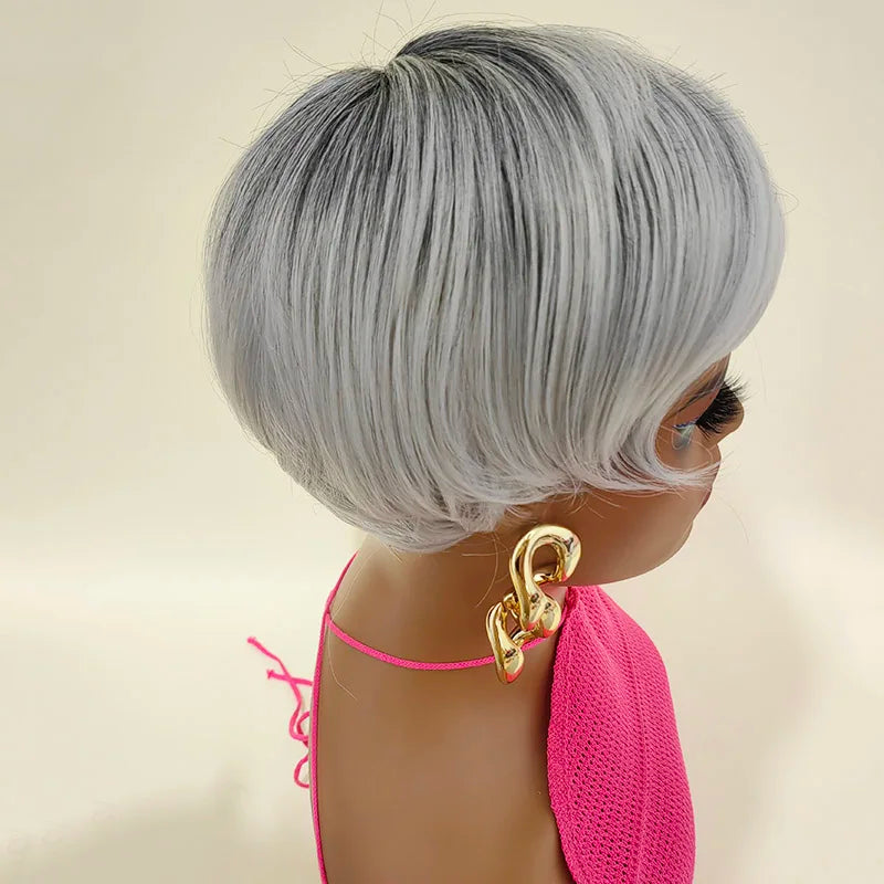 Short Natural Wave Pixie Gray New Comfortable African American Wig Capless Synthetic Hair Wig Women's All Grey / For Black Women