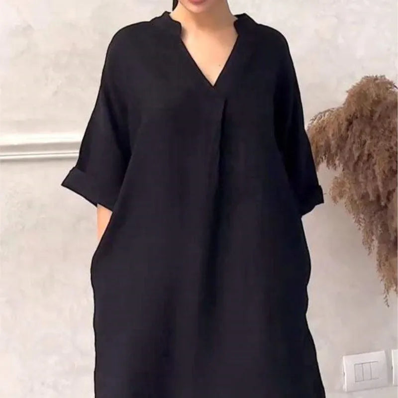 Fashion Cotton And Linen Women's V-neck Loose Dress Spring And Summer Solid Color Casual Short Sleeved Pocket Midi Dresses