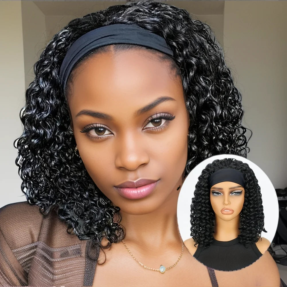 12" Afro Kinky Curly Headband Wig Synthetic Afro Curly Headband Wig Glueless Black Mix Brown Headband Wig For Women Daily Wear