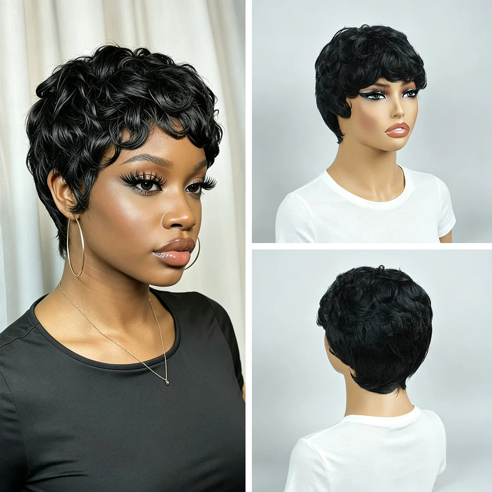 Short Black Curly Pixie Cut Brazilian virgin Human Hair Wigs with Bangs,  Natural Black Layered Wavy Wigs with Fringe, Full Machine Made,  Daily/Party Wear