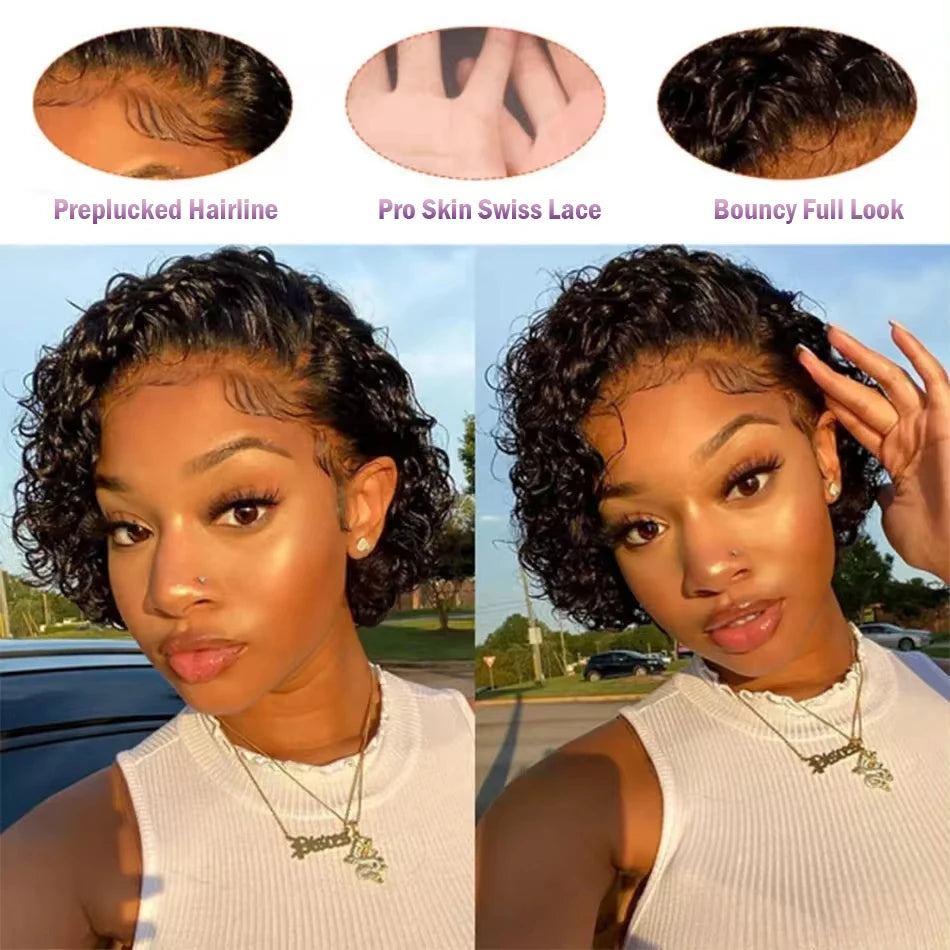 Peluca Pixie Cut de Cabello Humano Corto Rizado 13x1 13x4 Lace Front Pelucas de Cabello Humano Negro Natural Peluca Pixie Rizada Profunda para Mujeres Negras