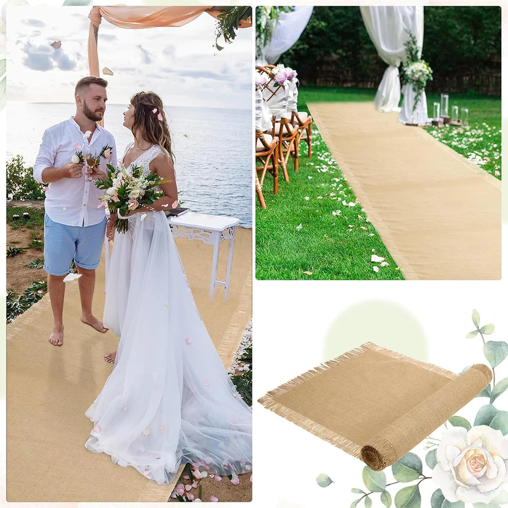 1PC Wedding Aisle Runner Jute Rustic Burlap Table Runners with Fringed Edge Runway Carpet for Weddings Party Bridal Shower Decor