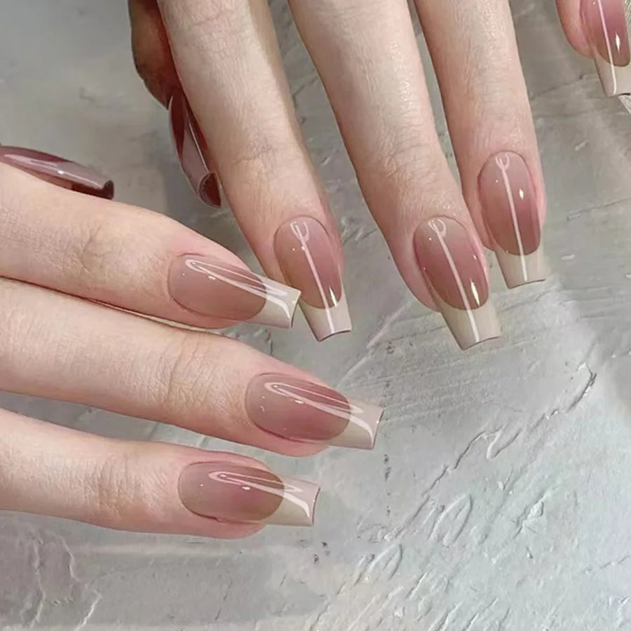 White French False Nails Nude Color Sweet Press on Nails Almond Full Cover Fake Nails Finished Fingernails Art for Bride Wedding