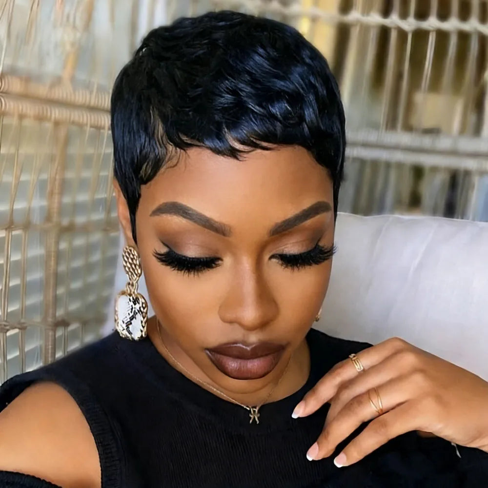 short layered  4inch natural black color pixie wave human hair wig150% density wig machine made  wig for women