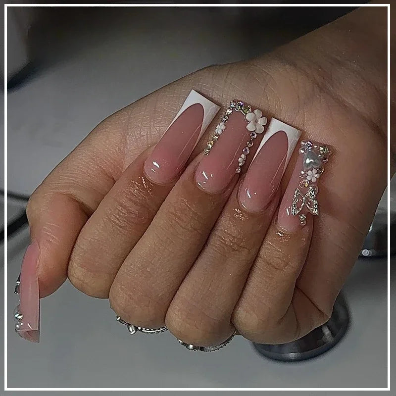24Pcs Long False Nails Press on Nails Full Cover Butterfly French Coffin Glitter Small Diamonds Wearable Manicure Nail Tips Art