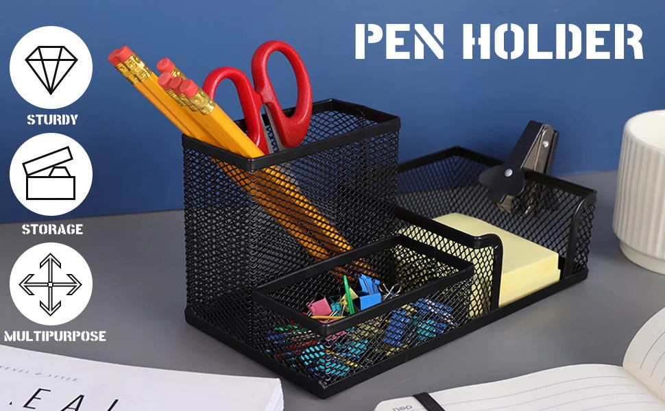 Black Mesh Desk Organizer - 3 Compartments with Pencil Holder & Storage Baskets, Tame Desktop Clutter Fast for Office Supplies