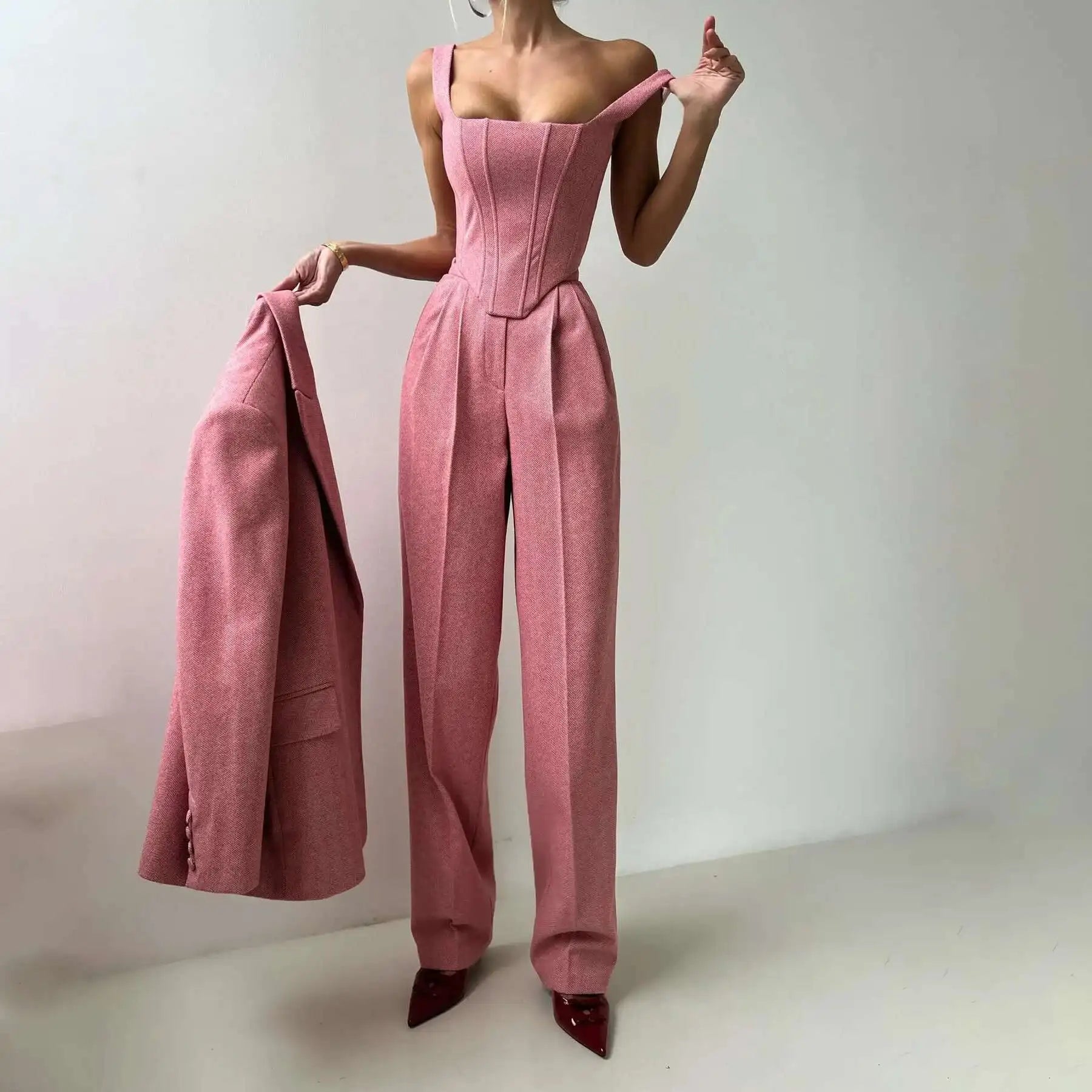 [Vibe] Women's Blazer Three Piece Solid Slim Vest Loose Blazer High Waist Pants Suit Streetwear Casual Female Pants Suit