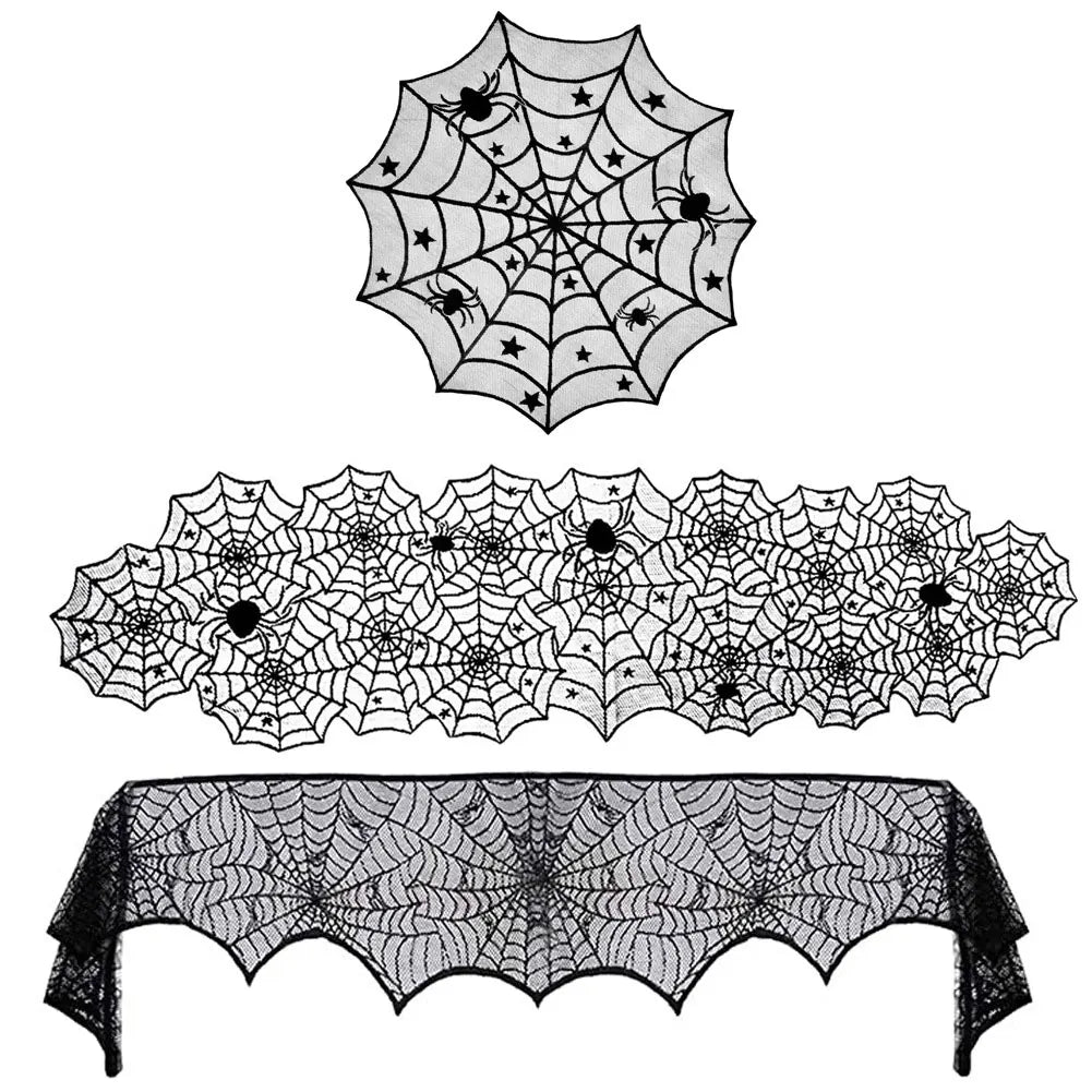 Halloween Lace Spider Web Tablecloths Black Skull Spider Web Fireplace Curtain Mantel Scarf Event Home Party Table Decorations