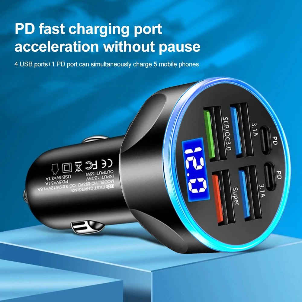 Cargador de coche PD de 250 W, carga rápida QC3.0, seis enchufes para encendedor de cigarrillos, cargador de coche de carga rápida con pantalla digital