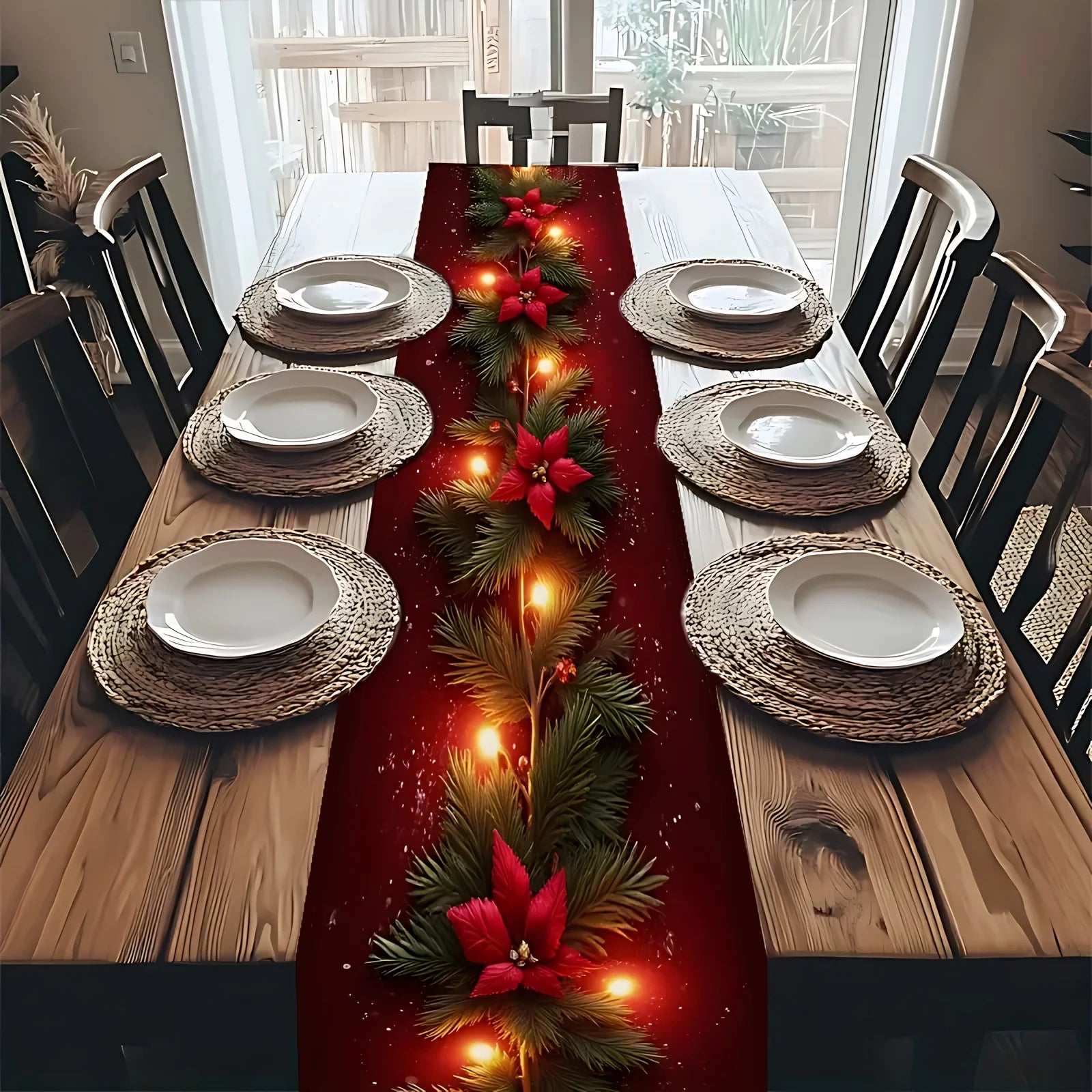 1 Piece of Luminous Christmas Flower Pine Branch Table Runner, Red Background Printed with Lighted Pine Branches and Poinsettia Pattern, Suitable for Christmas Dinner, Holiday Party, Pastoral B&B, Handicraft Market, Cafe Deco