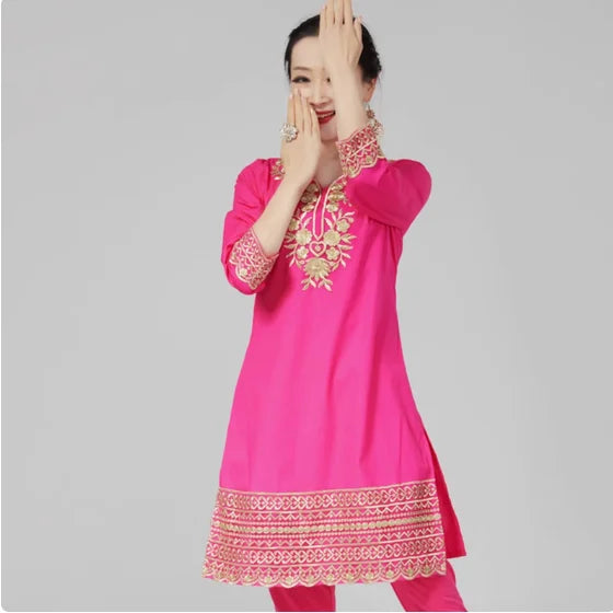 Camisa india de algodón puro con bordado oculto lateral y manga larga para mujer - Pakistán