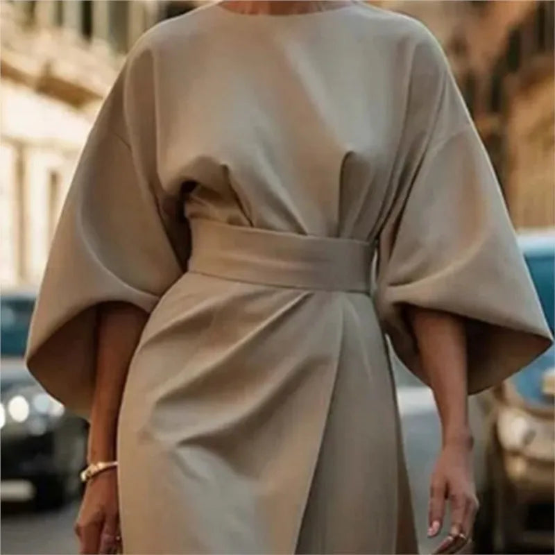 Women's Clothing Fashion Black Dress Temperament Elegant Casual Waist-closing Maxi Bat Sleeve Dresses For Women Robe Femel