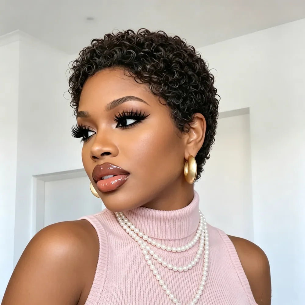 150% density hair machine made pixie cut short curly human hair wig 4inch black color short afro curly human hair wig