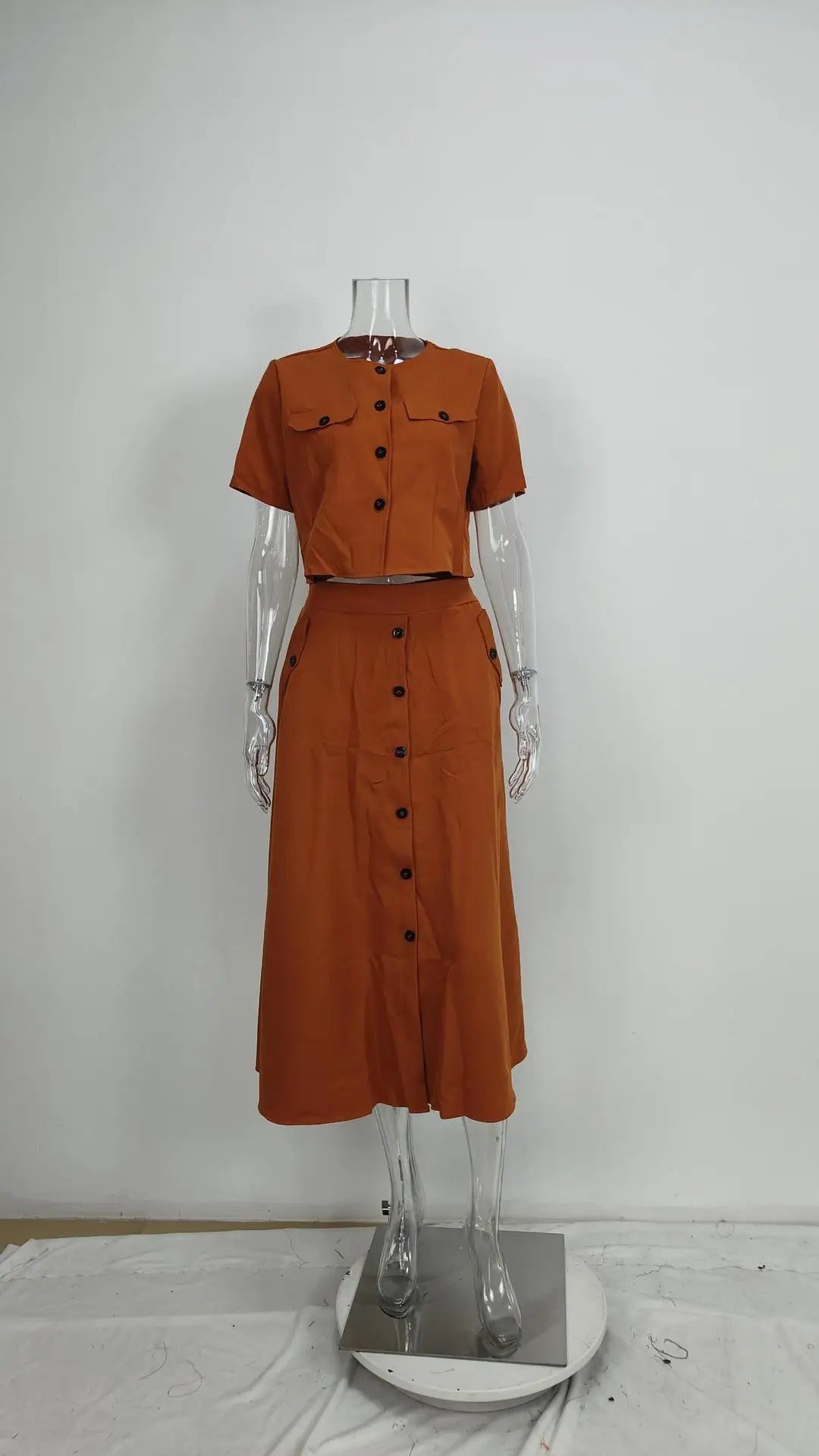 Spring Summer New Women's Clothing Elegant Solid Color Casual Short Top Single Breasted Skirt Fashion Set