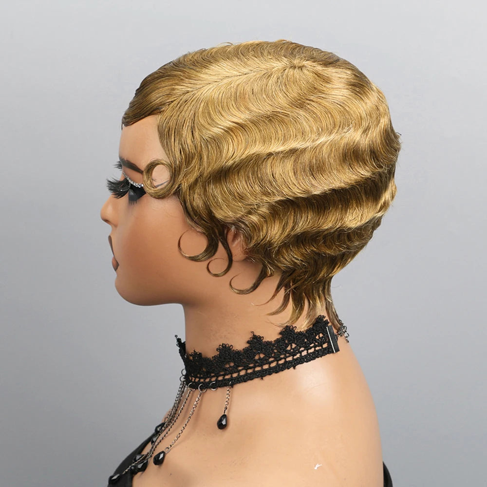 Short Finger Wave Wig Human Hair Wigs For Women 180% Density Brown Short Ocean Wave Wig Pixie Cut Wigs for Woman Natural Look