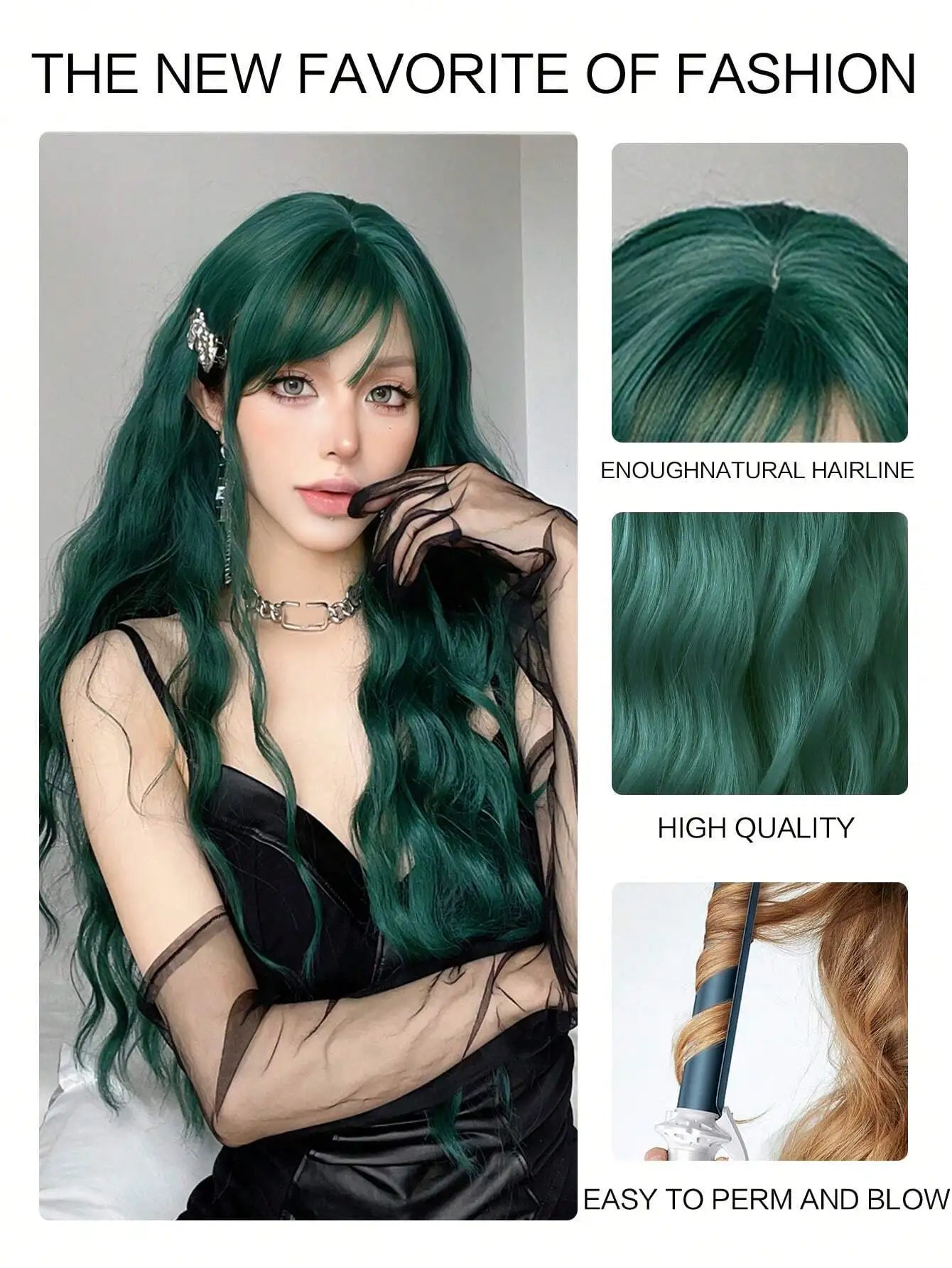 Cute Wigs - Navy Blue Medium Part Bangs Long Curly 28-Inch Daily Simulation Scalp Natural Woman Wigs For Party Cosplay Wedding