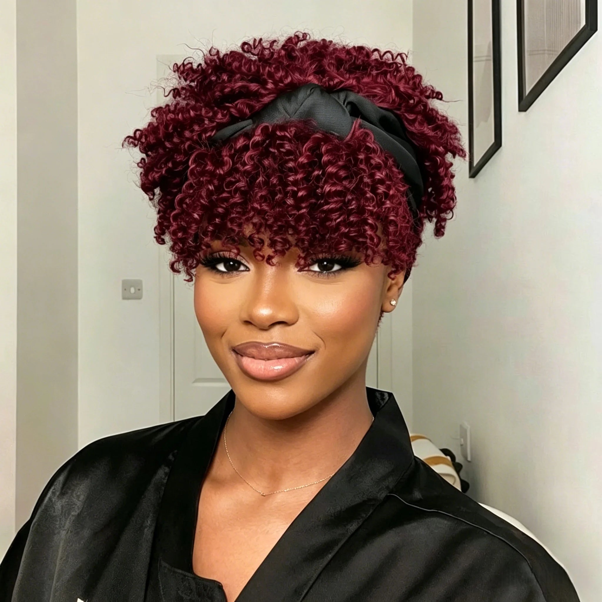 Short Curly Headband Wig with Bangs Human Hair Pixie Cut Wig Full Machine Wig