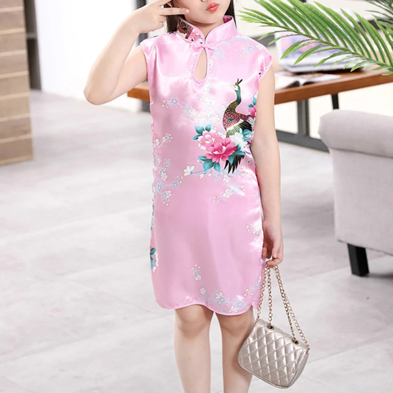 Girls’ Peacock Qipao Dress