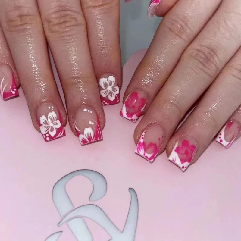 24Pcs Short Square French Nail Tips 3D Embossed Flower Decoration Removable Wearable Press on Nails for Women Girls DIY Manicure