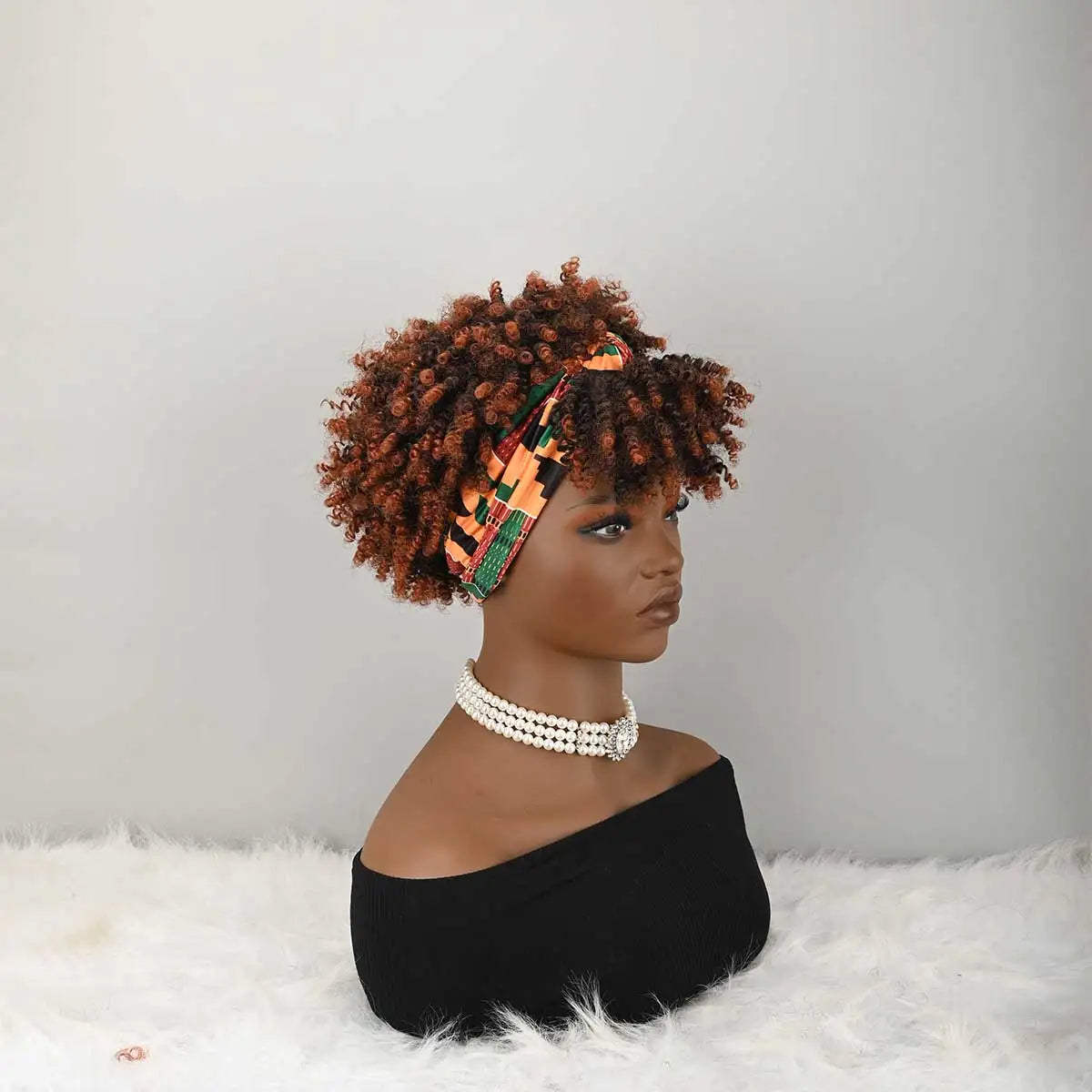 Headband Wig Curly Headband Wig With Bangs For Women Synthetic Afro Curly Hair Wig With Headband Attached Short Kinky Curly Afro High Puff With Bangs Stripes Short Red Curly Wigs with Bangs for Women, Natural Wavy Synthetic W