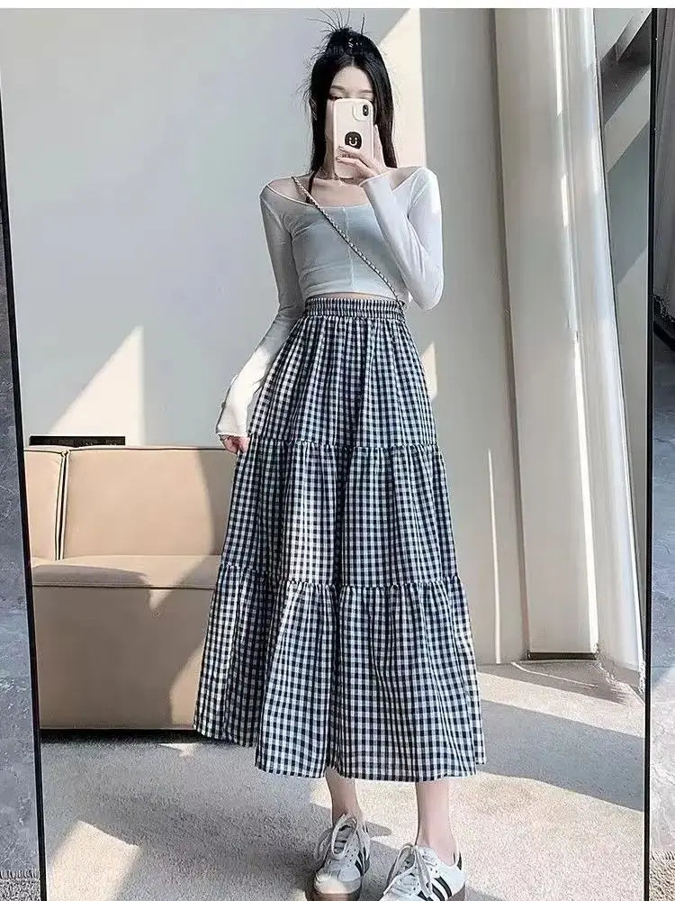Jupe patchwork à volants pour femme, style vintage, à carreaux, taille haute, élastique, amincissante, mi-longue, été