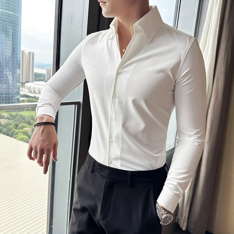 Men Dress Shirt Autumn British Style Solid Casual Slim Fit Formal Camisas V-neck Long Sleeves Shirt Streetwear Men Clothing