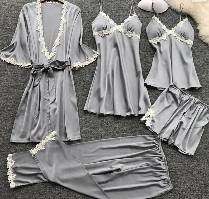 Pajamas Five Piece Set Sexy Lace Trim Nightgown Nightwear Spring Summer Women Bath Robe Loose Satin Home Wear Pijamas Suit