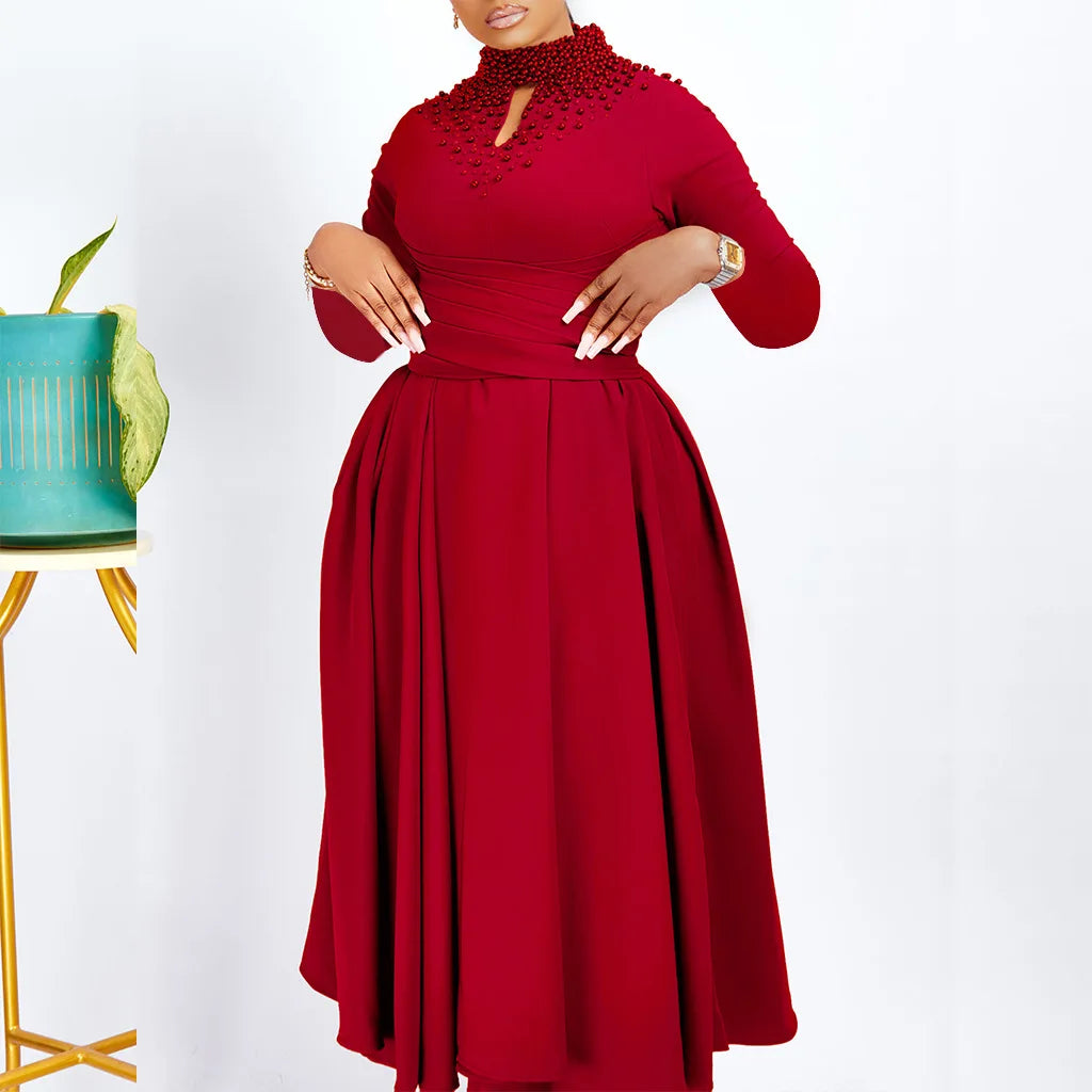 Vestido Elegante Africano para Mujer, Vestidos de Noche con Cuello Alto y Cuentas a la Moda, Vestido Delgado de Temperamento para Mujer, Vestidos Casuales de Manga Larga