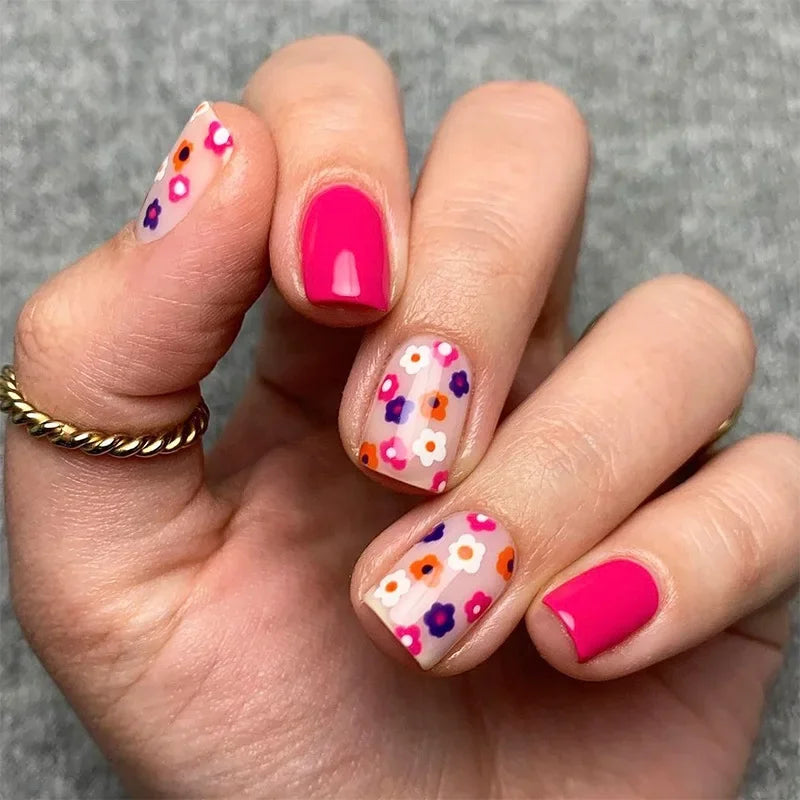 24pcs/box Glossy Short Square Fake Nails Colorful French Tip Press On Nails Flower Pattern Spring Summer False Nails For Women