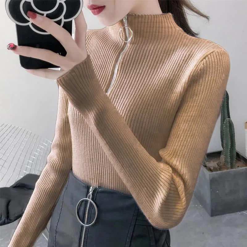 Suéter de punto para mujer con cremallera, cuello medio alto, jerséis de otoño e invierno, suéteres básicos de mujer, prendas de punto ajustadas, tops de mujer