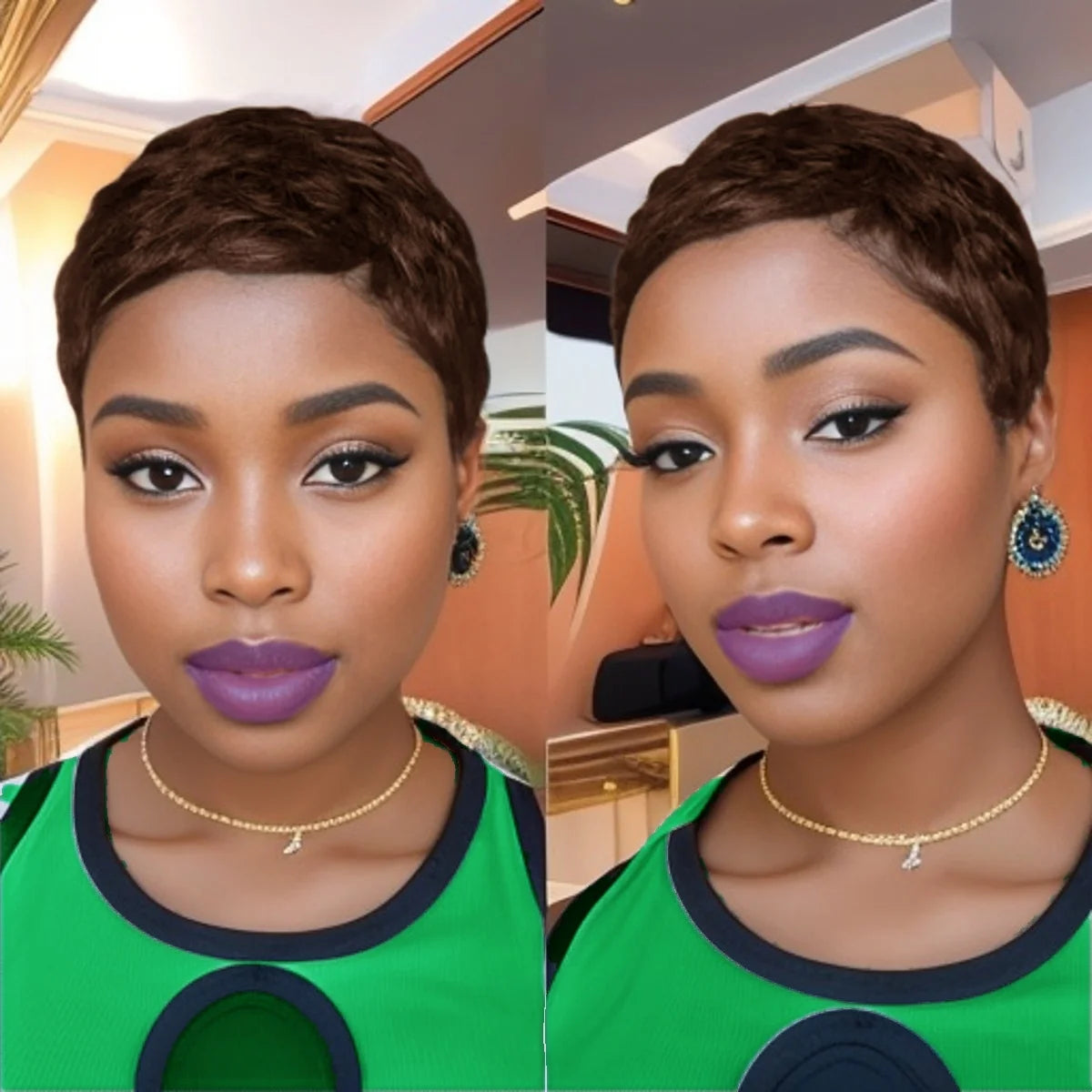 Peluca de Pelo Humano Pixie Corto en Capas con Flequillo, Hecha a Máquina, Uso Diario, Color para Mujeres Negras