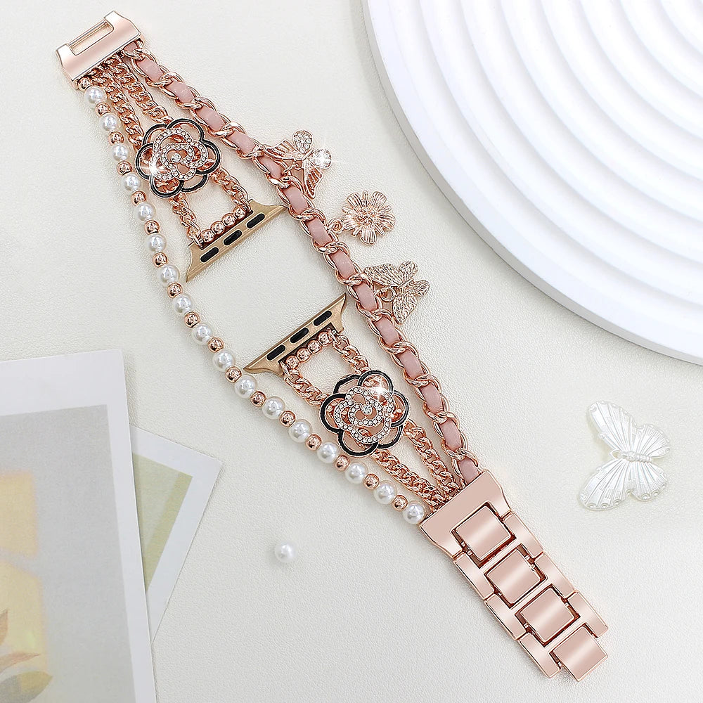 Metal Strap For Apple Watch Band Series876 SE54Ultra Women Jewelry Bracelet Chain IWatch 49mm 45mm 41mm 40mm 38 44mm Peal Wrist