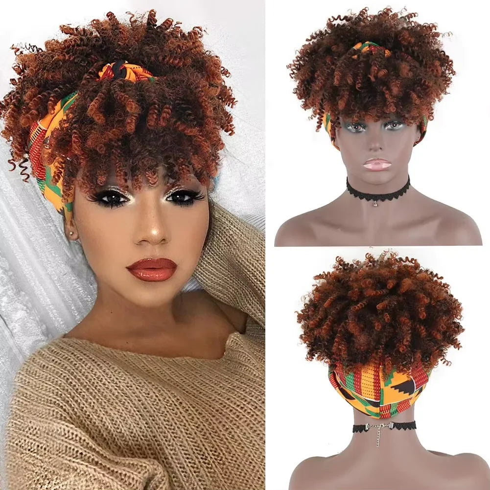Black women's curly hair wig with headscarf and tassel, 2-in-1 wrapped wig, short African curly hair synthetic wig with headscar