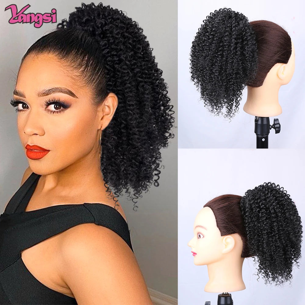 Afro Curly Ponytail for Black Women Drawstring Ponytail Kinky Synthetic hair Extension Ombre Bug Color Clip in For Party