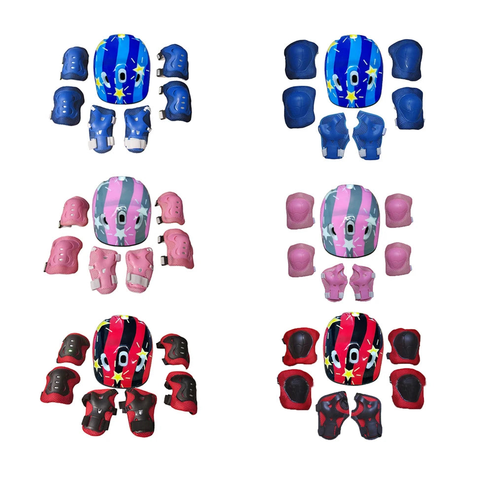 7Pcs/Set Kids Roller Skating Bicycle Helmet Knee Wrist Guard Elbow Pad Set for Children Cycling Sports Protective Guard Gear Set